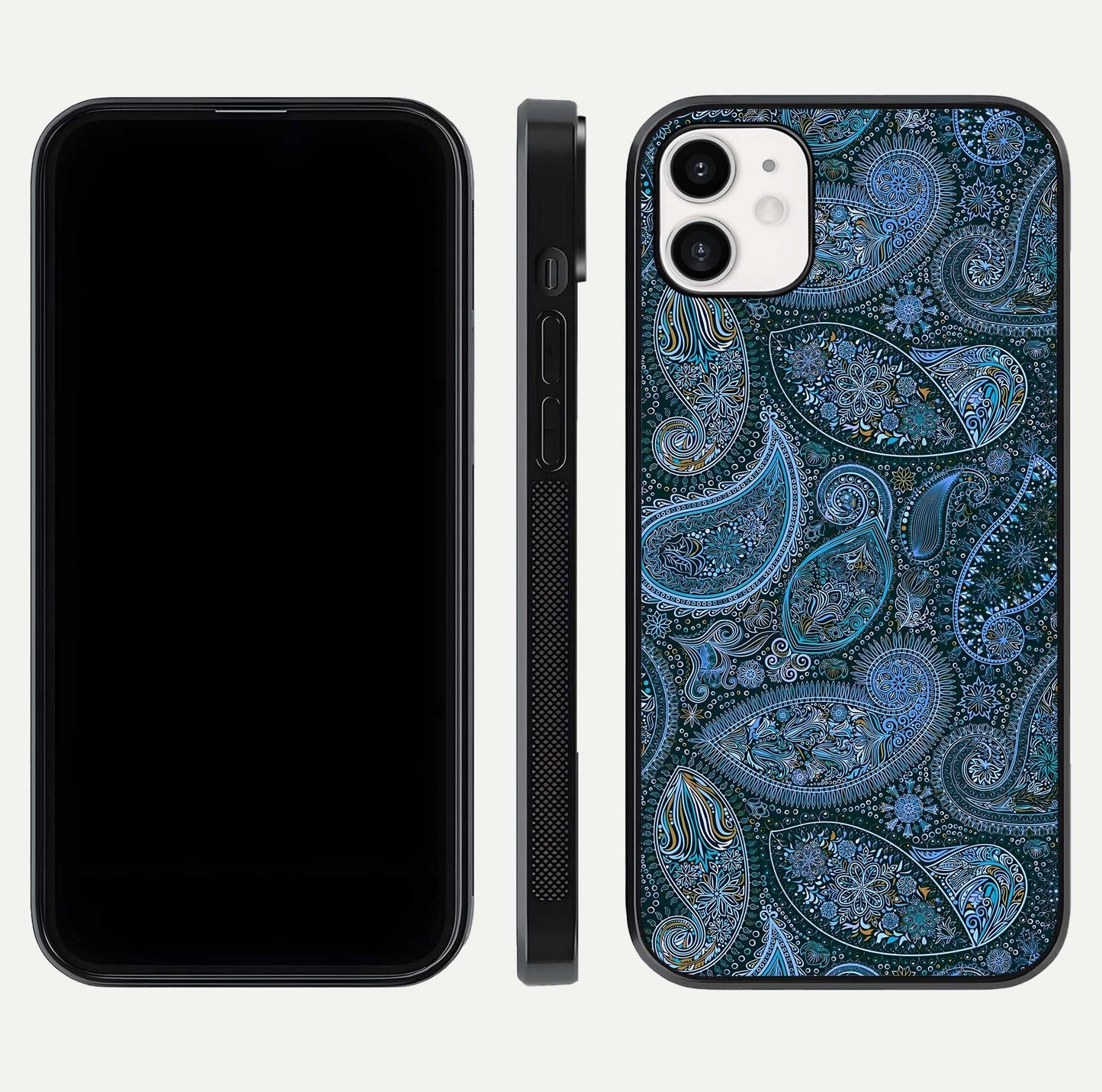 Midnight Paisley Glow Glass Case for iphone-12 front & back layout highlighting elegant edge finish