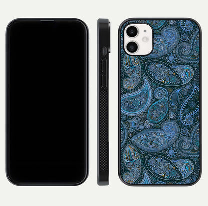 Midnight Paisley Glow Glass Case for iphone-12 front & back layout highlighting elegant edge finish
