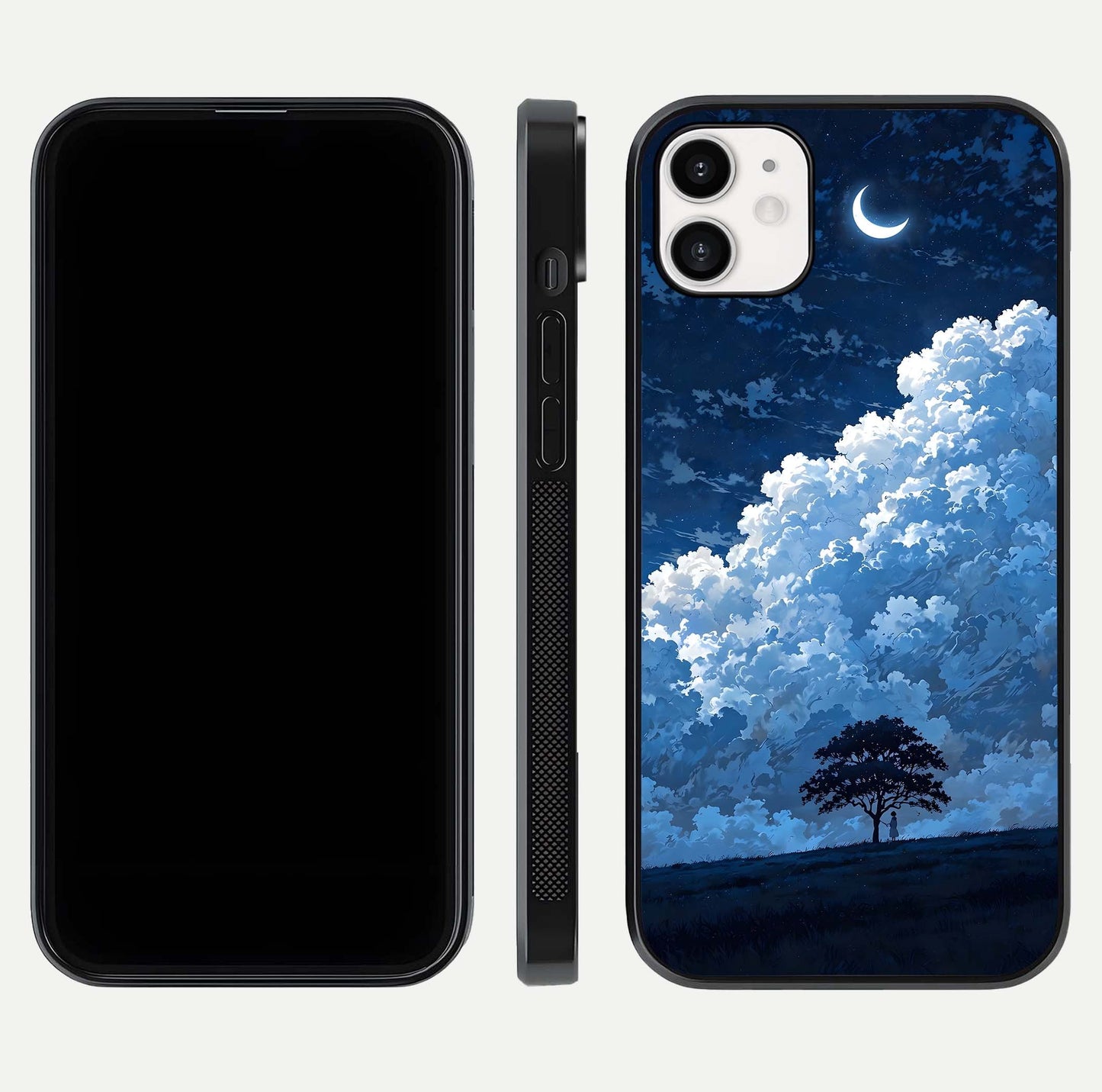Midnight Sky Serenity Glass Case for iphone-12 front & back layout highlighting celestial art and curves