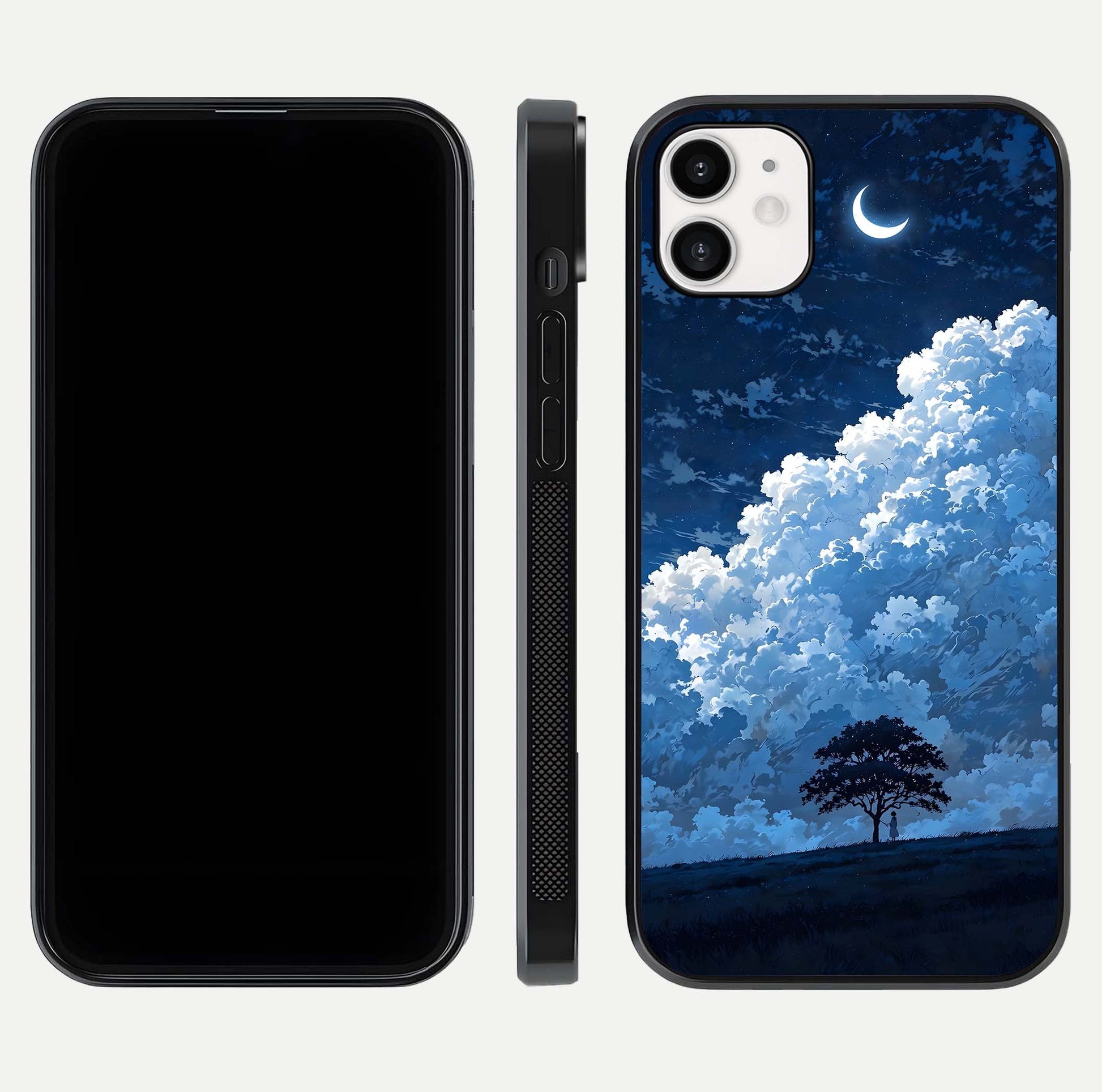 Midnight Sky Serenity Glass Case for iphone-12 front & back layout highlighting celestial art and curves