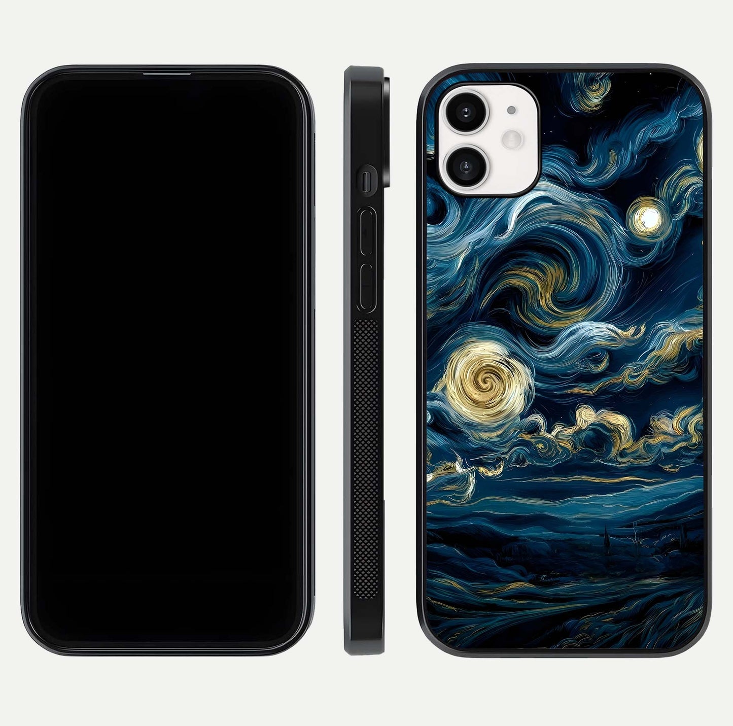 Midnight Sky Whirl Glass Case for iphone-12 front & back layout highlighting celestial movement art