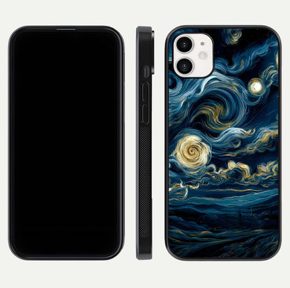 Midnight Sky Whirl Glass Case for iphone-12 front & back layout highlighting celestial movement art