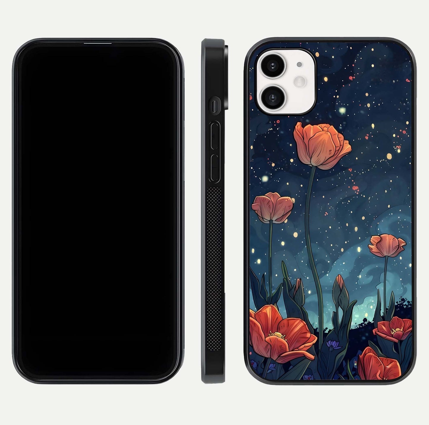 Midnight Tulip Glow Glass Case for iphone-12 front & back layout highlighting floral glow and curved edges