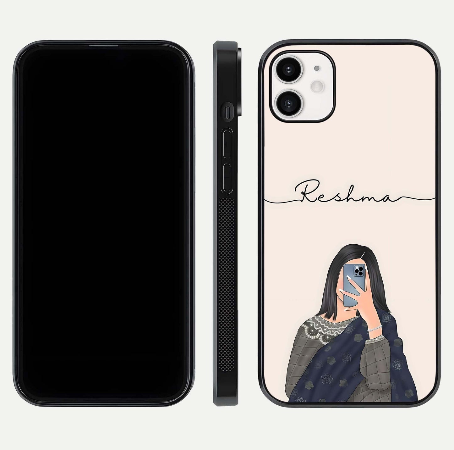 Mirror Mood Muse Custom Name Glass Case for iphone-12 front & back layout showing personalized name placement