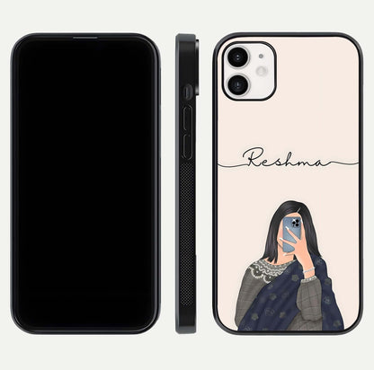 Mirror Mood Muse Custom Name Glass Case for iphone-12 front & back layout showing personalized name placement