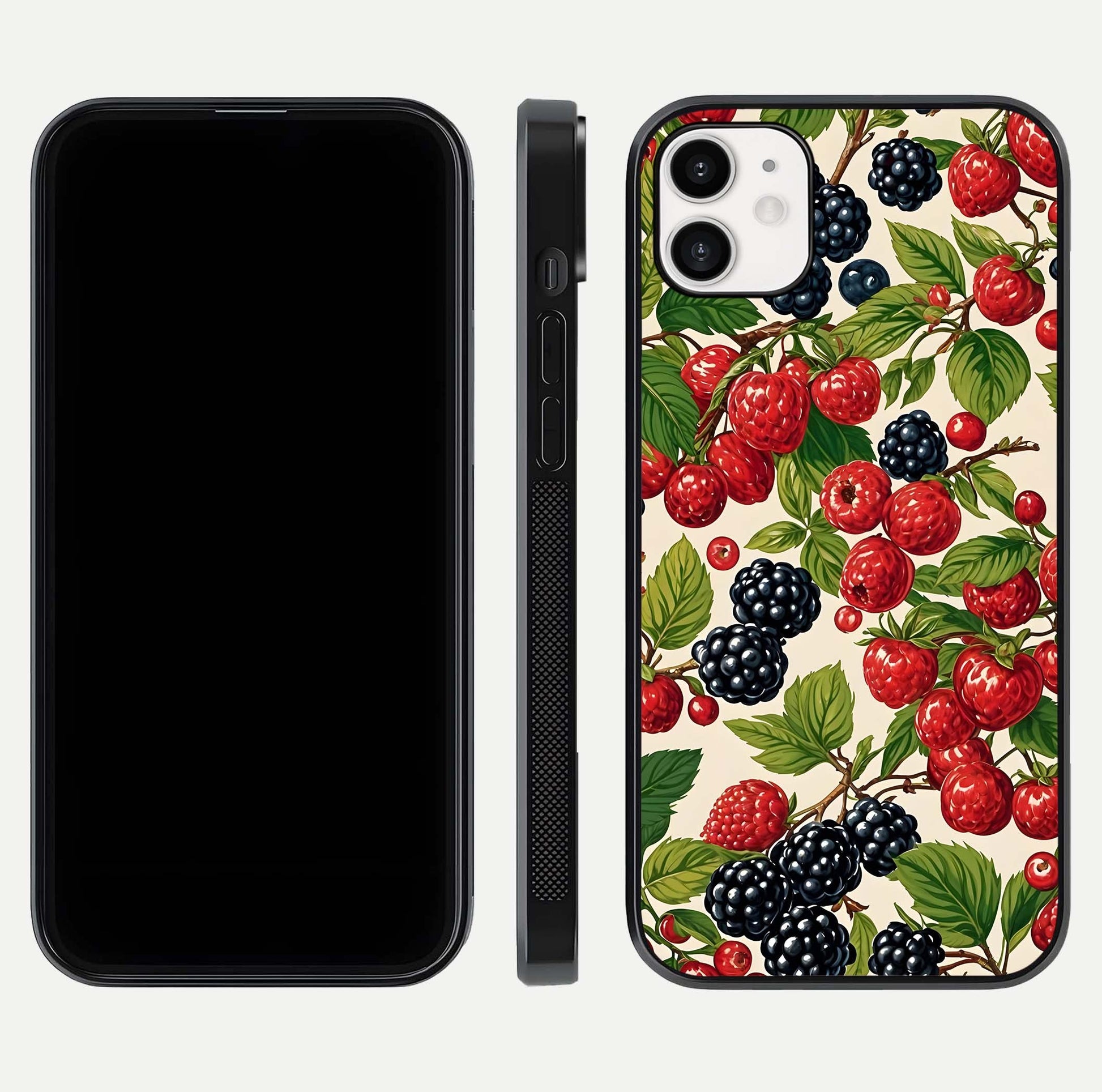 Mixed Berry Collage Glass Case for iphone-12 front & back layout highlighting colorful art and curved edges
