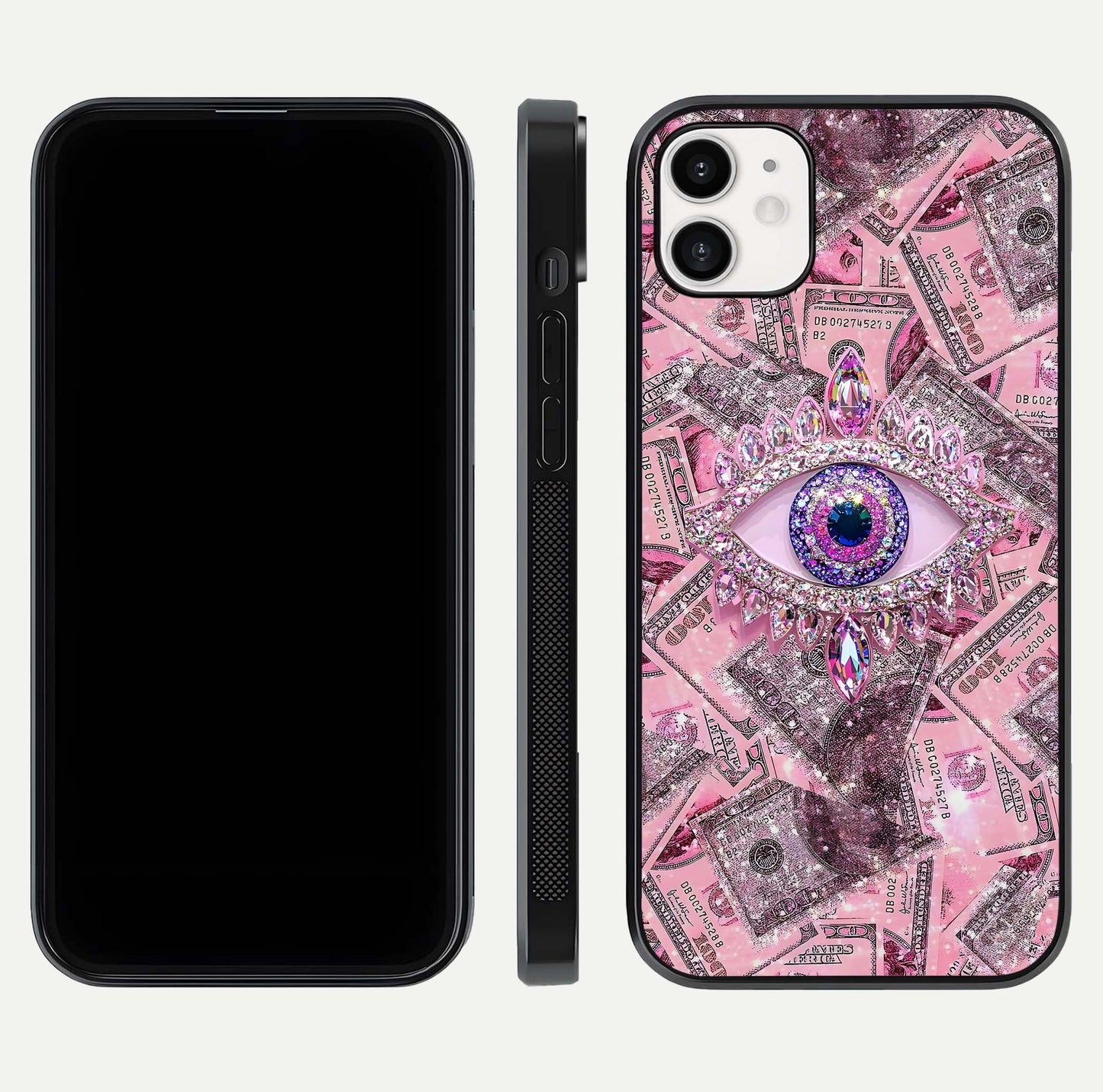 Money Eye Luxe Glass Case for iphone-12 front & back layout highlighting luxury edge design and bold art