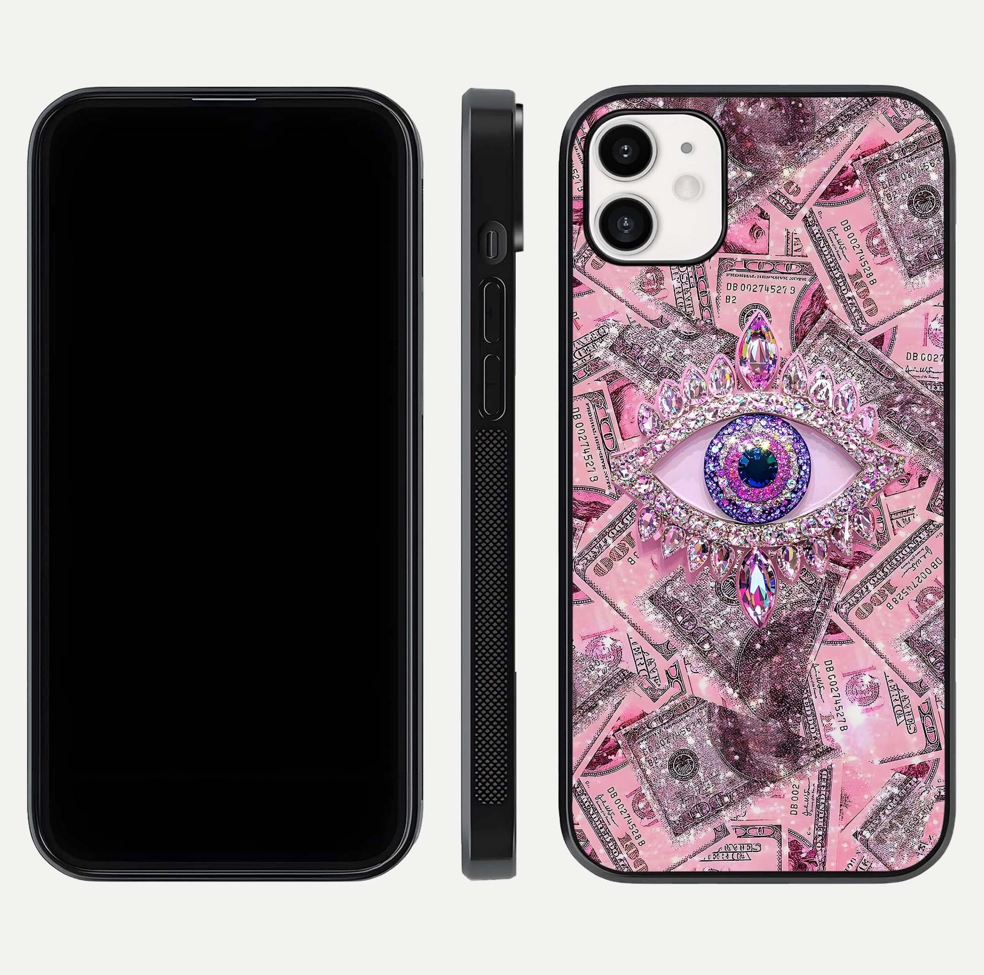 Money Eye Luxe Glass Case for iphone-12 front & back layout highlighting luxury edge design and bold art