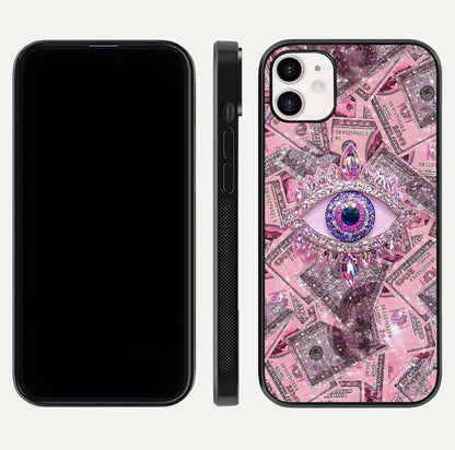 Money Eye Luxe Glass Case for iphone-12 front & back layout highlighting luxury edge design and bold art
