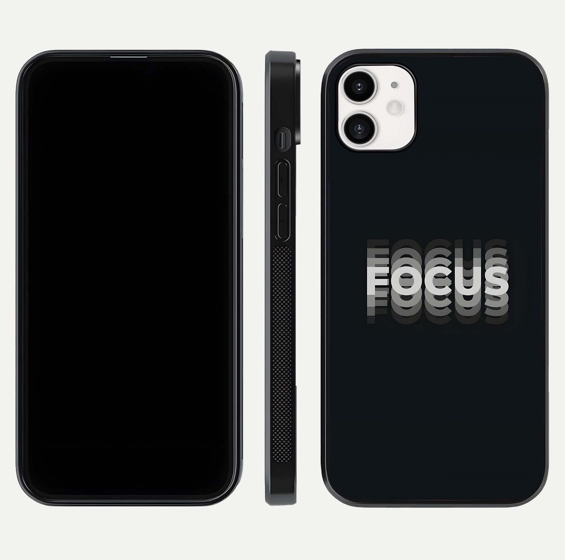 Mono Focus Vision Glass Case for iPhone 12 Mini front & back layout showing clean focus lines and curved edges