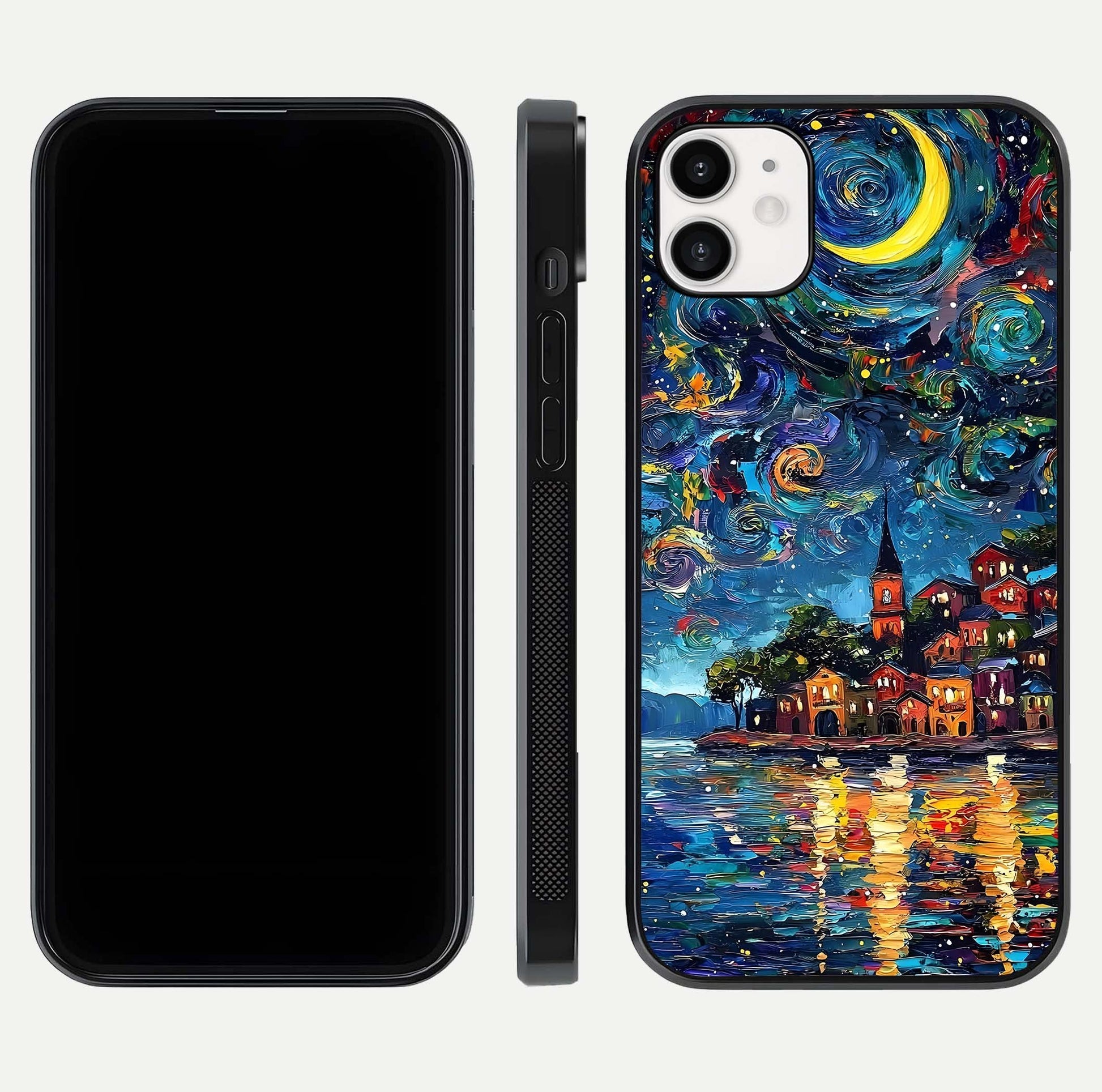 Moonlight Harbor Glow Glass Case for iphone-12 front & back layout highlighting calm harbor tones