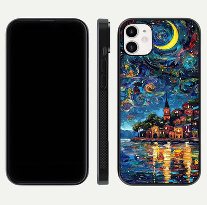 Moonlight Harbor Glow Glass Case for iphone-12 front & back layout highlighting calm harbor tones