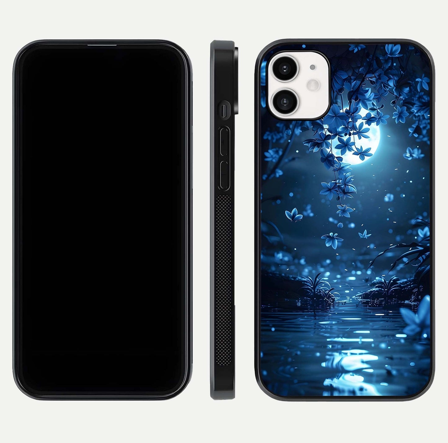 Moonlight Petal Dream Glass Case for iphone-12 front & back layout highlighting soft pastel tones
