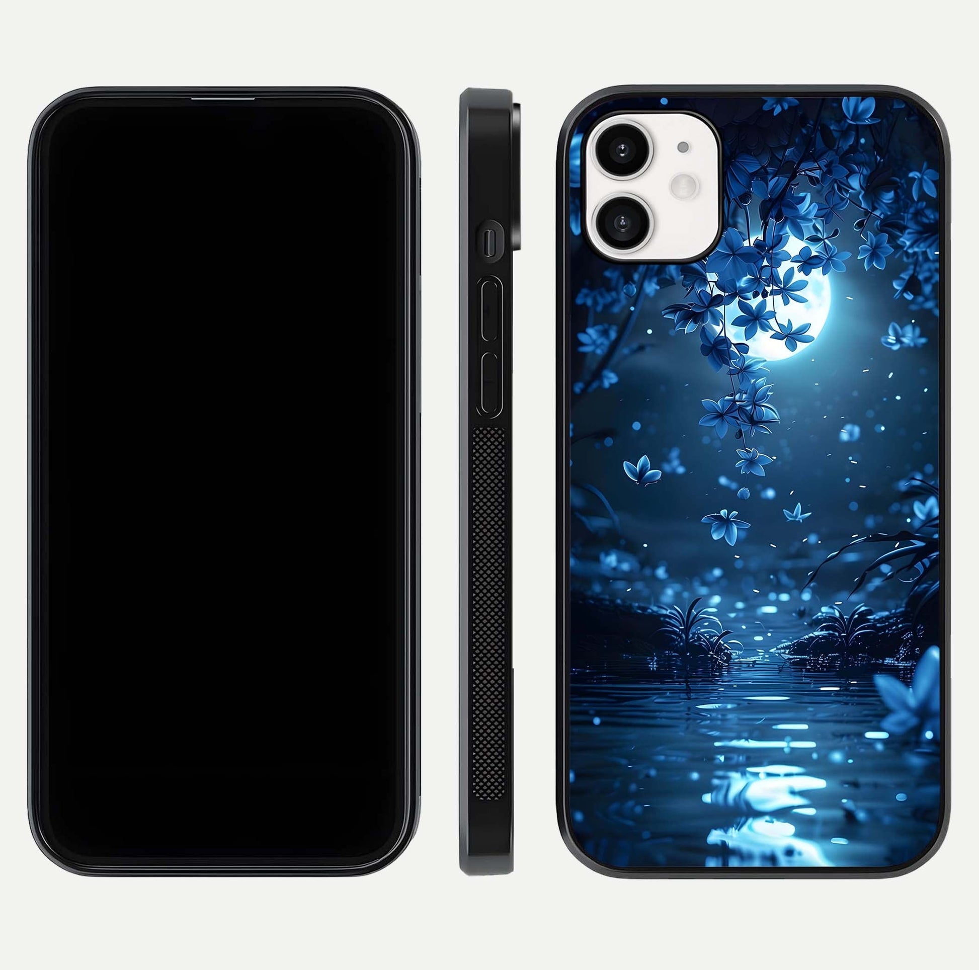 Moonlight Petal Dream Glass Case for iphone-12 front & back layout highlighting soft pastel tones