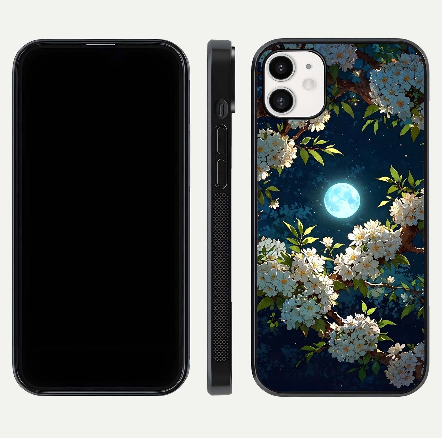 Moonlit Blossom Dream Glass Case for iphone-12 front & back layout highlighting moonlit tones and edges