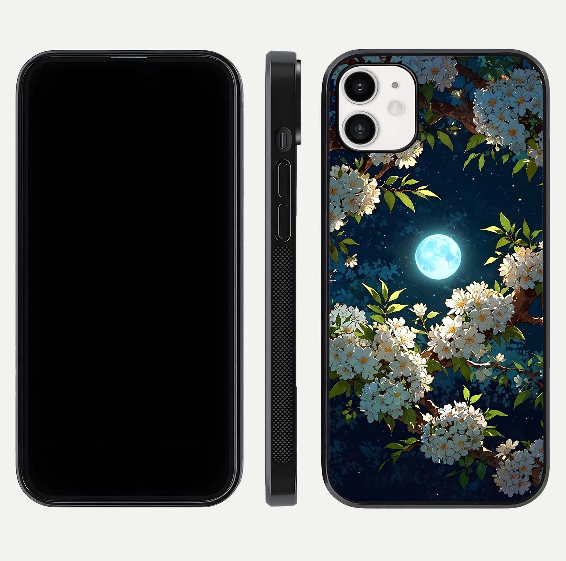 Moonlit Blossom Dream Glass Case for iphone-12 front & back layout highlighting moonlit tones and edges