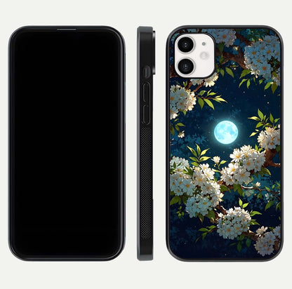 Moonlit Blossom Dream Glass Case for iphone-12 front & back layout highlighting moonlit tones and edges