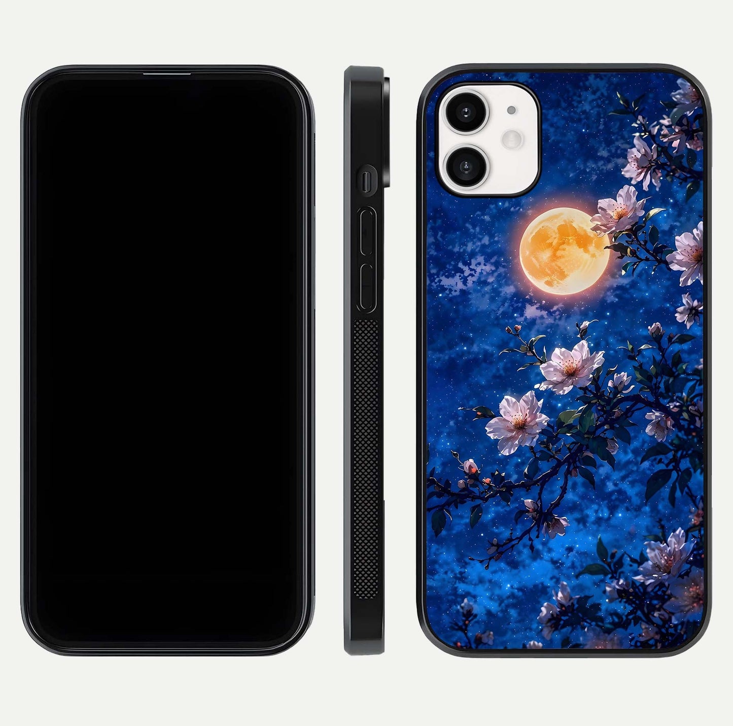 Moonlit Blossoms Night Glass Case for iphone-12 front & back layout highlighting moonlit tones and curved edges