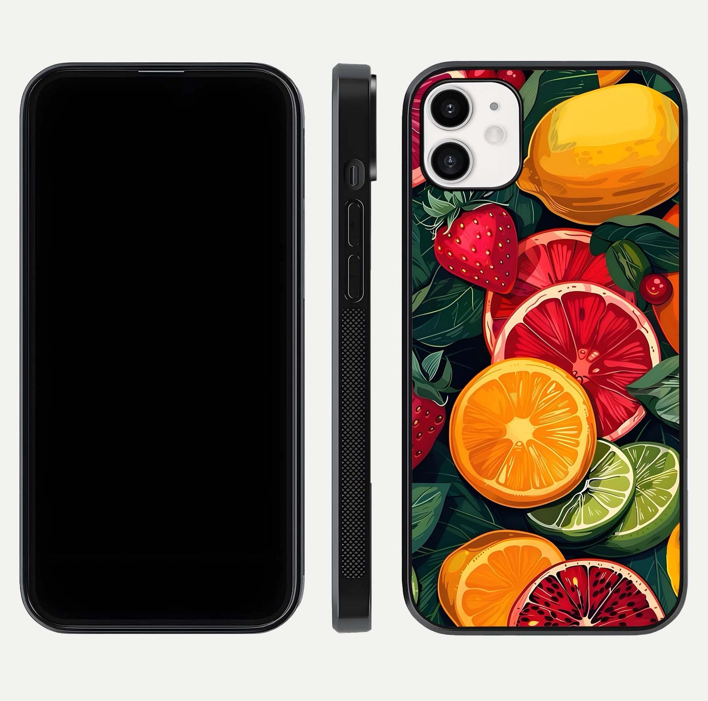 Multiple Fruits Glass Case for iphone-12 front & back layout highlighting vibrant tones and curved edges