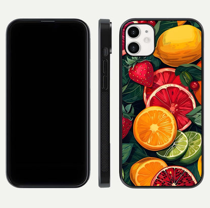 Multiple Fruits Glass Case for iphone-12 front & back layout highlighting vibrant tones and curved edges