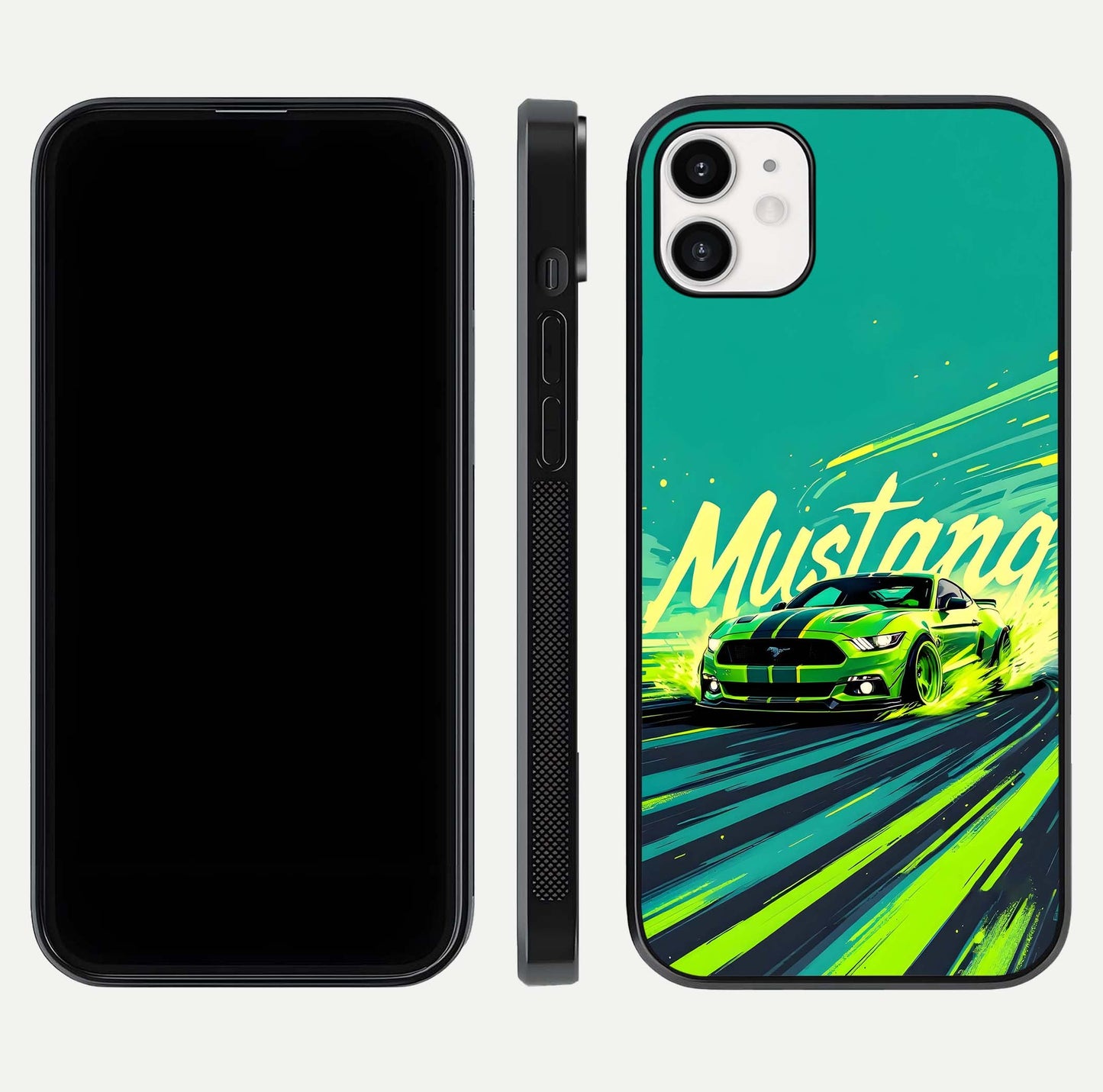 Mustang Bang Glass Case for iphone-12 front & back layout highlighting dark automotive tones and edge detail