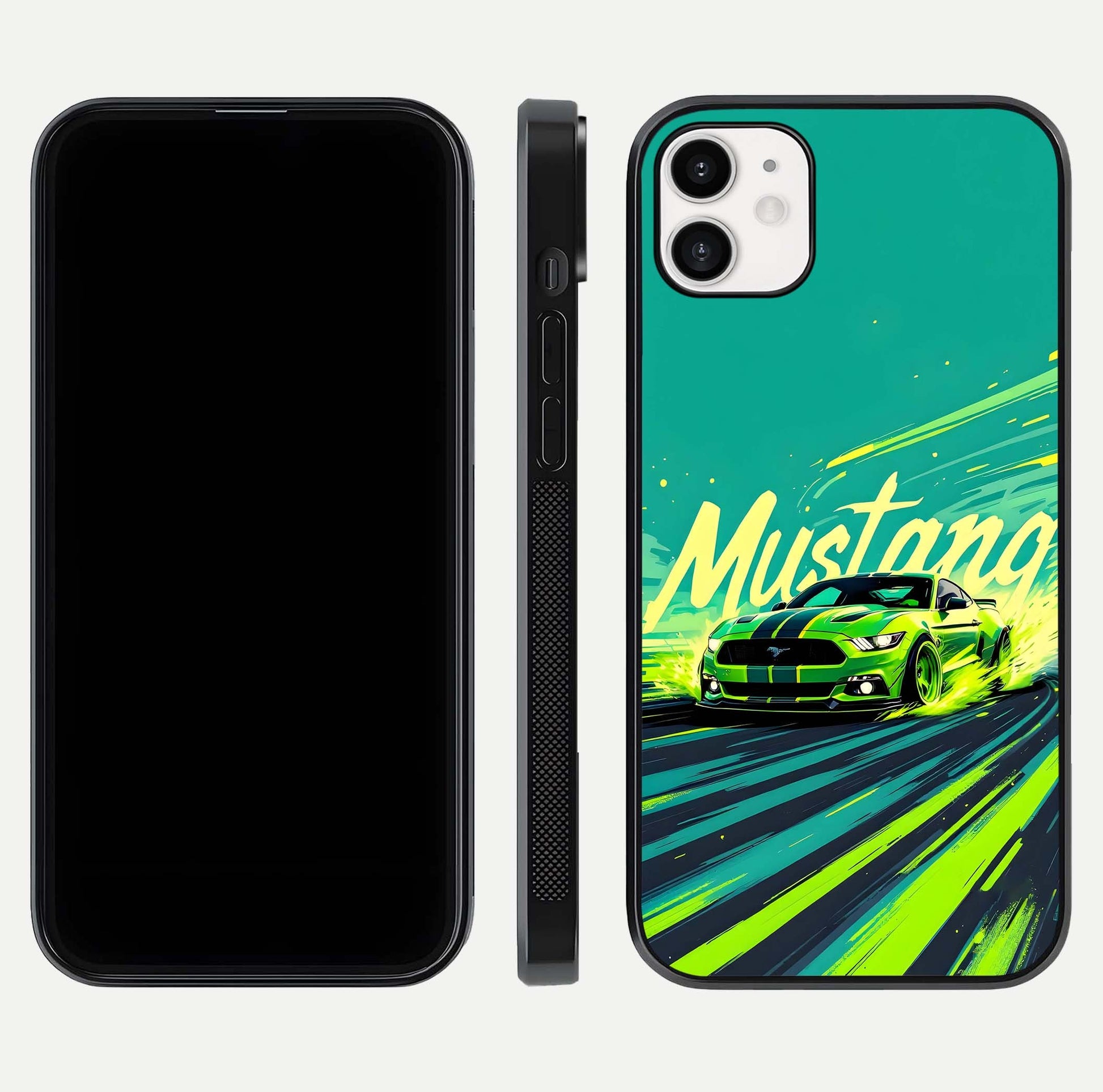 Mustang Bang Glass Case for iphone-12 front & back layout highlighting dark automotive tones and edge detail