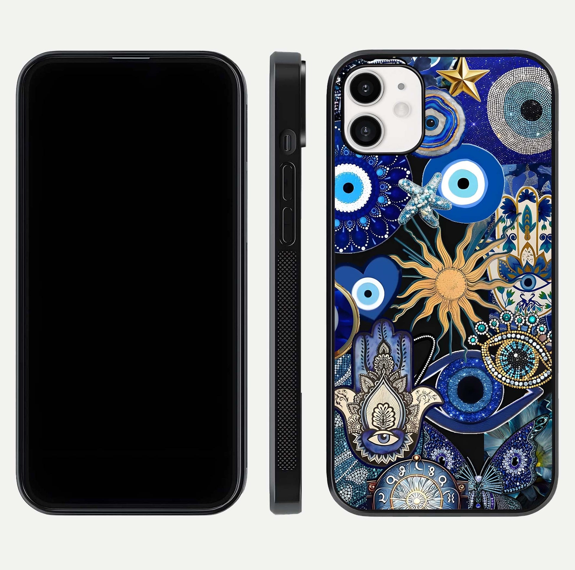 Mystic Blue Evil Eye Glass Case for iphone-12 front & back layout showing elegant tones and edge finish