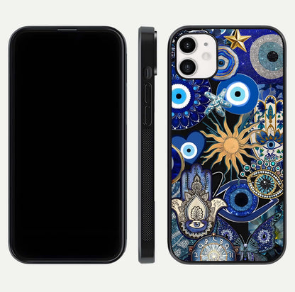 Mystic Blue Evil Eye Glass Case for iphone-12 front & back layout showing elegant tones and edge finish