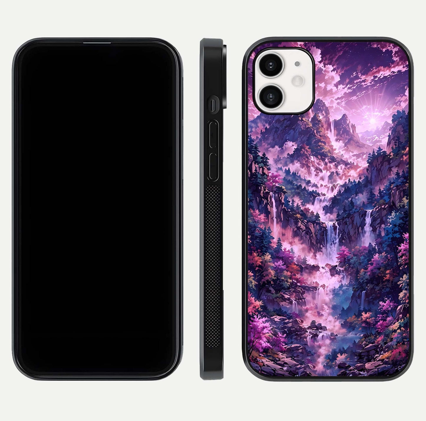 Mystic Cascade Peaks Glass Case for iphone-12 front & back layout highlighting HD landscape tones