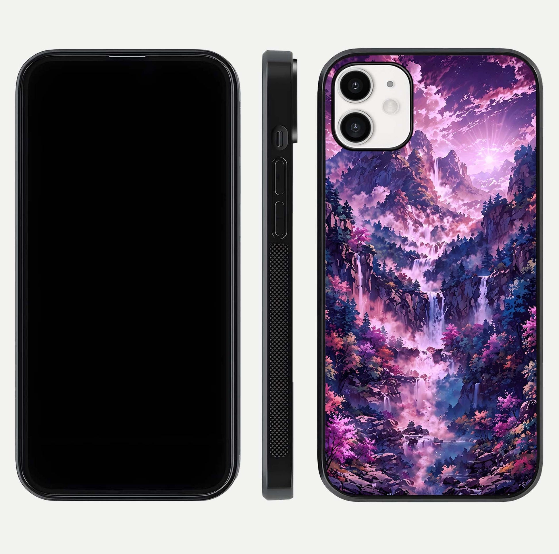 Mystic Cascade Peaks Glass Case for iphone-12 front & back layout highlighting HD landscape tones
