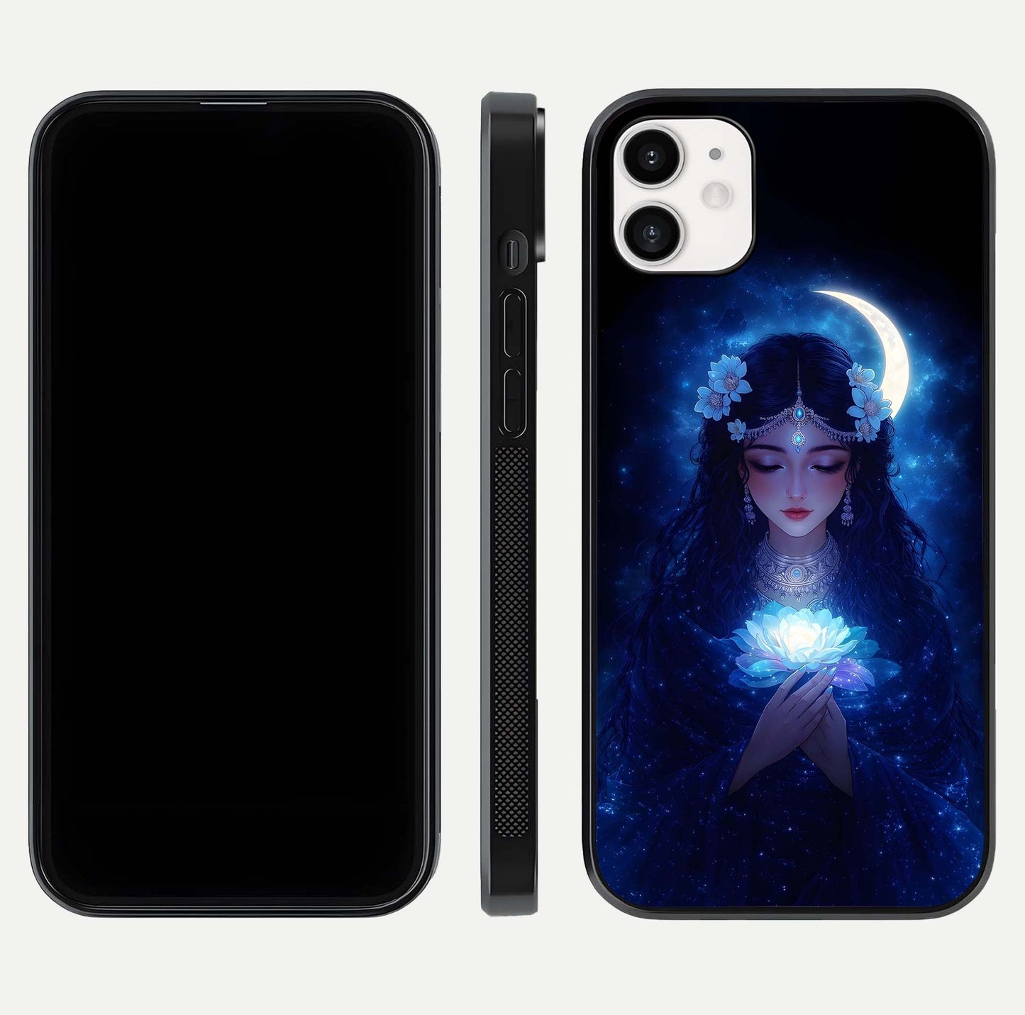 Mystic Moon Queen Glass Case for iphone-12 front & back layout highlighting divine illustration and edges