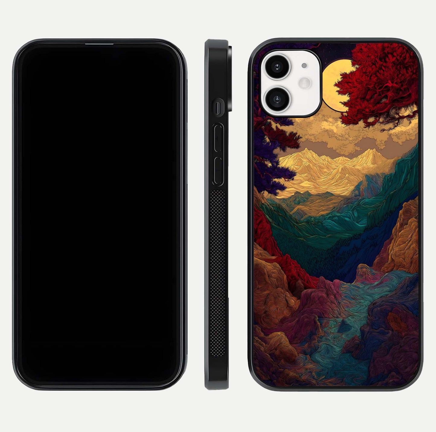 Mystic Valley Light Glass Case for iphone-12 front & back layout displaying landscape tones and edges