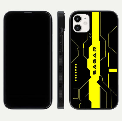 Neon CYBERPUNK Custom Name Glass Case for iphone-12 front & back layout showing tech art and custom edge
