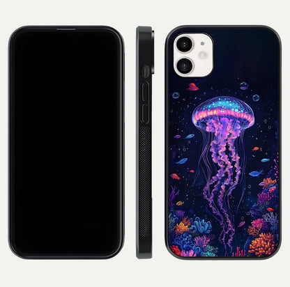 Neon Jellyfish Glass Case for iphone-12 front & back layout highlighting HD marine art and curved edges