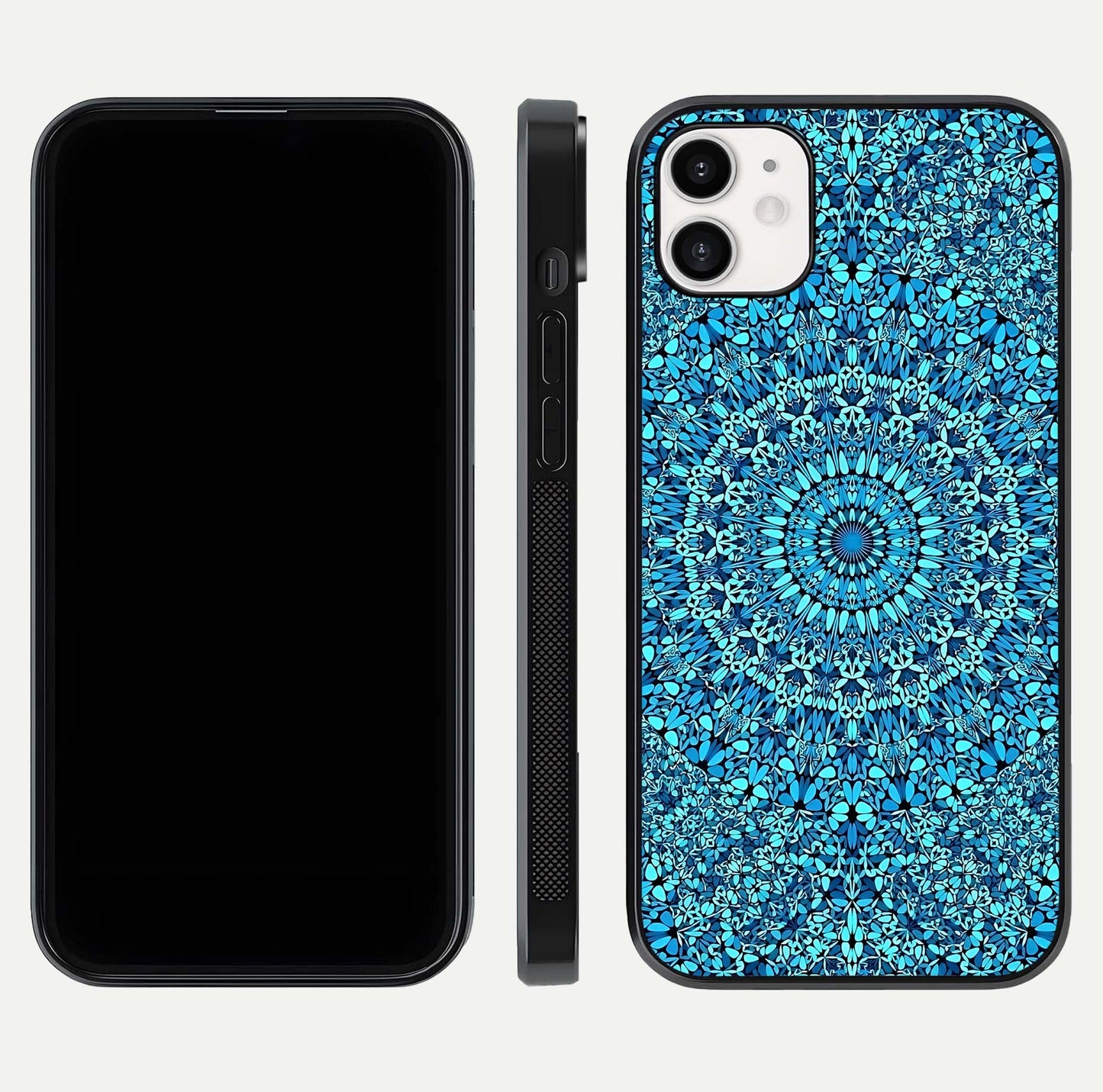 Ocean Bloom Mandala Glass Case for iphone-12 front & back layout showing ocean tone design and edges