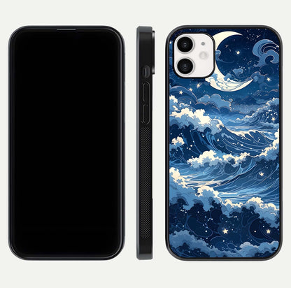 Ocean Moon Waves Glass Case for iphone-12 front & back layout highlighting water flow and smooth edges