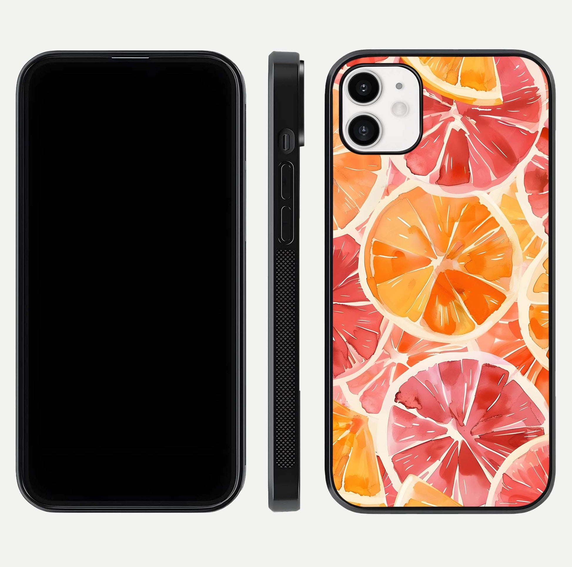 Orange Fruits Pattern Glass Case for iphone-12 front & back layout highlighting bright colors and clean edges