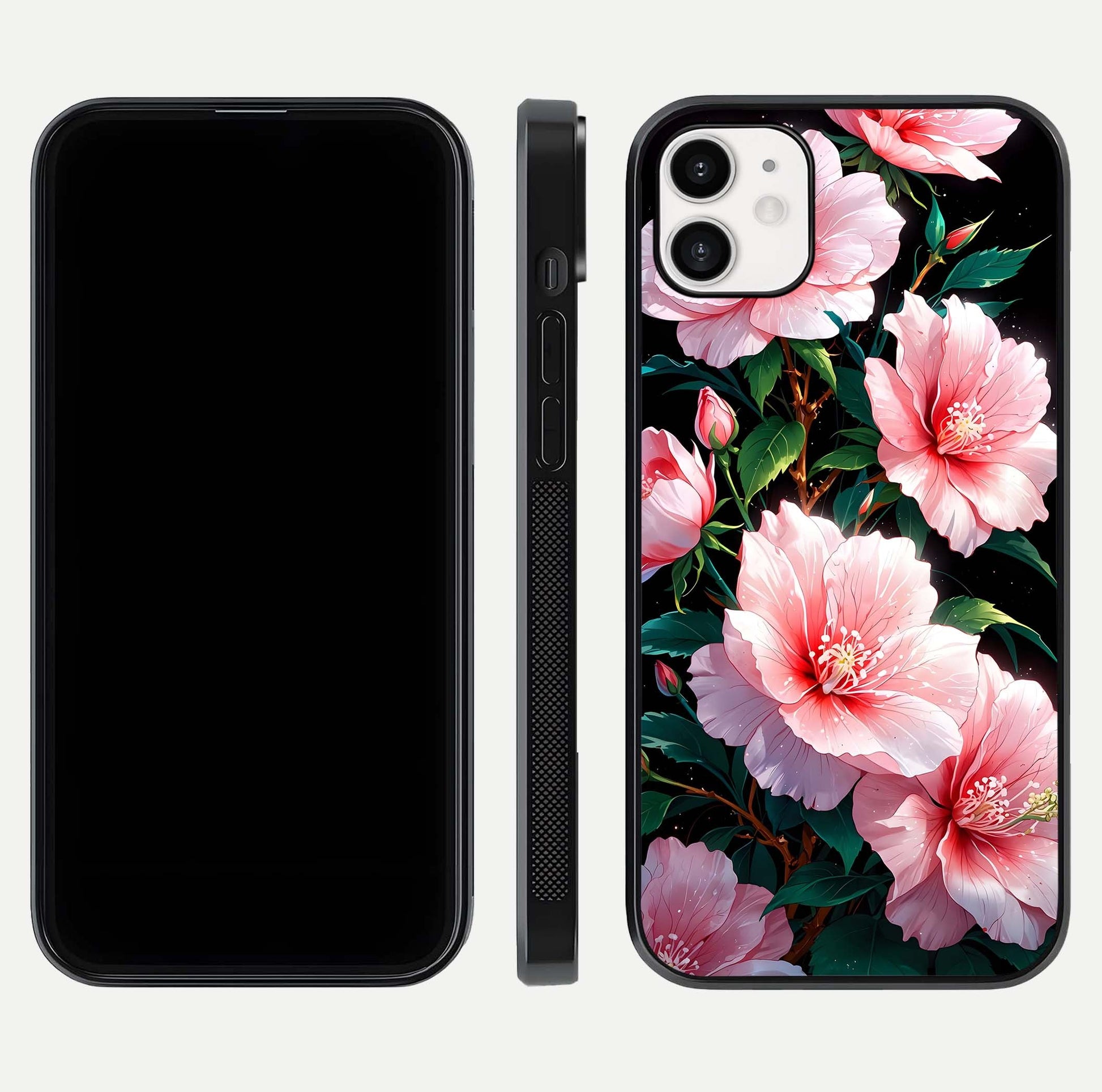 Peach Flower Glass Case for iphone-12 front & back layout showing elegant floral tones and smooth edges