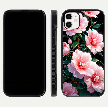 Peach Flower Glass Case for iphone-12 front & back layout showing elegant floral tones and smooth edges