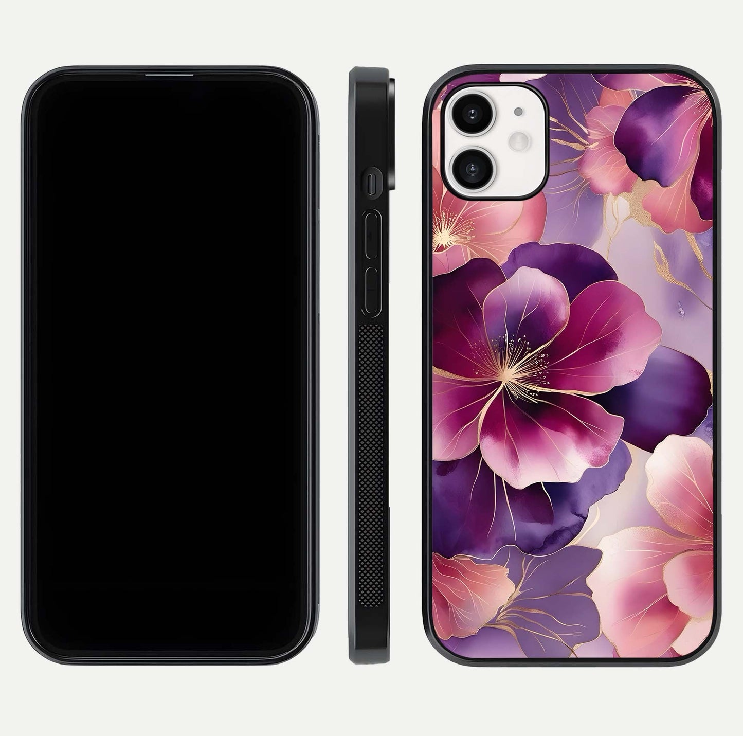 Pink Bouquet Florals Glass Case for iphone-12 front & back layout highlighting vivid petals and smooth edges