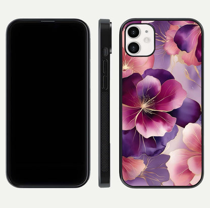 Pink Bouquet Florals Glass Case for iphone-12 front & back layout highlighting vivid petals and smooth edges
