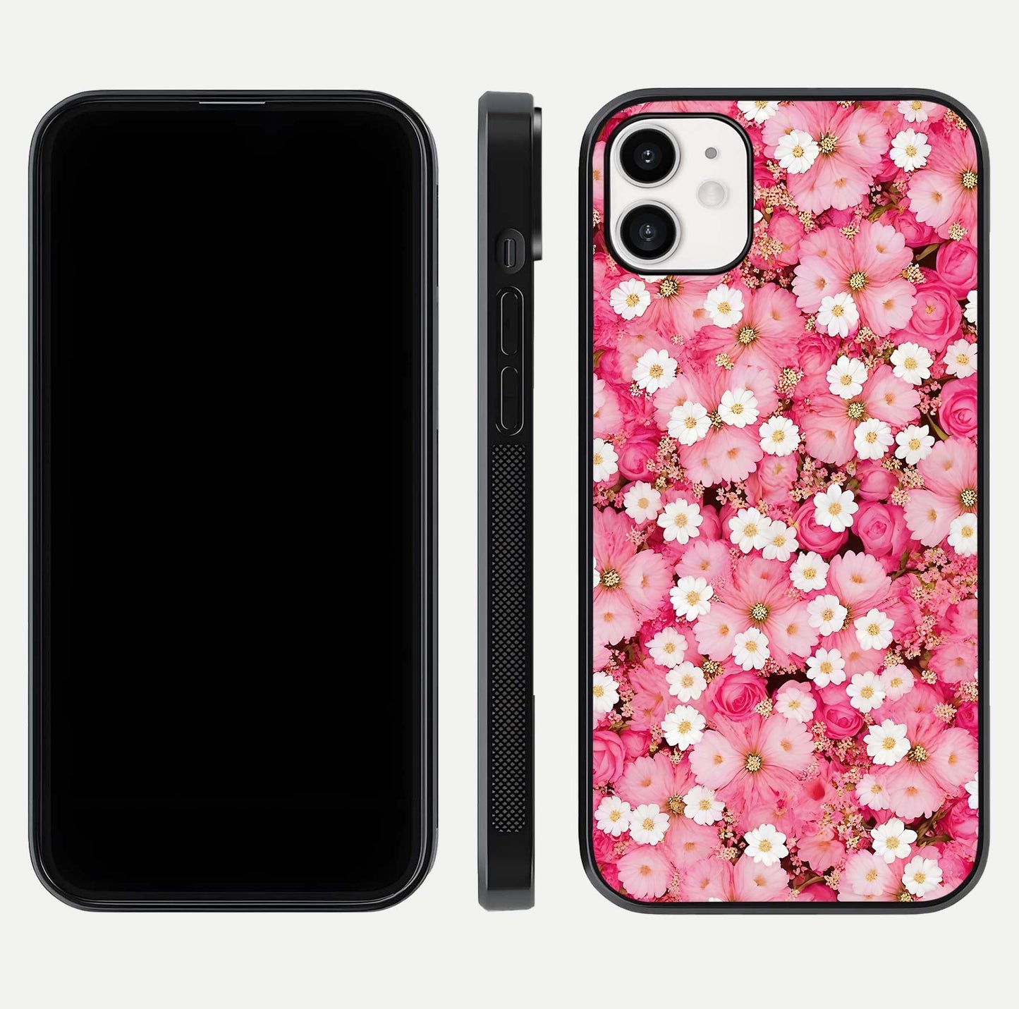Pink Daisy Bliss Glass Case for iphone-12 front & back layout showing HD floral tones and edge finish