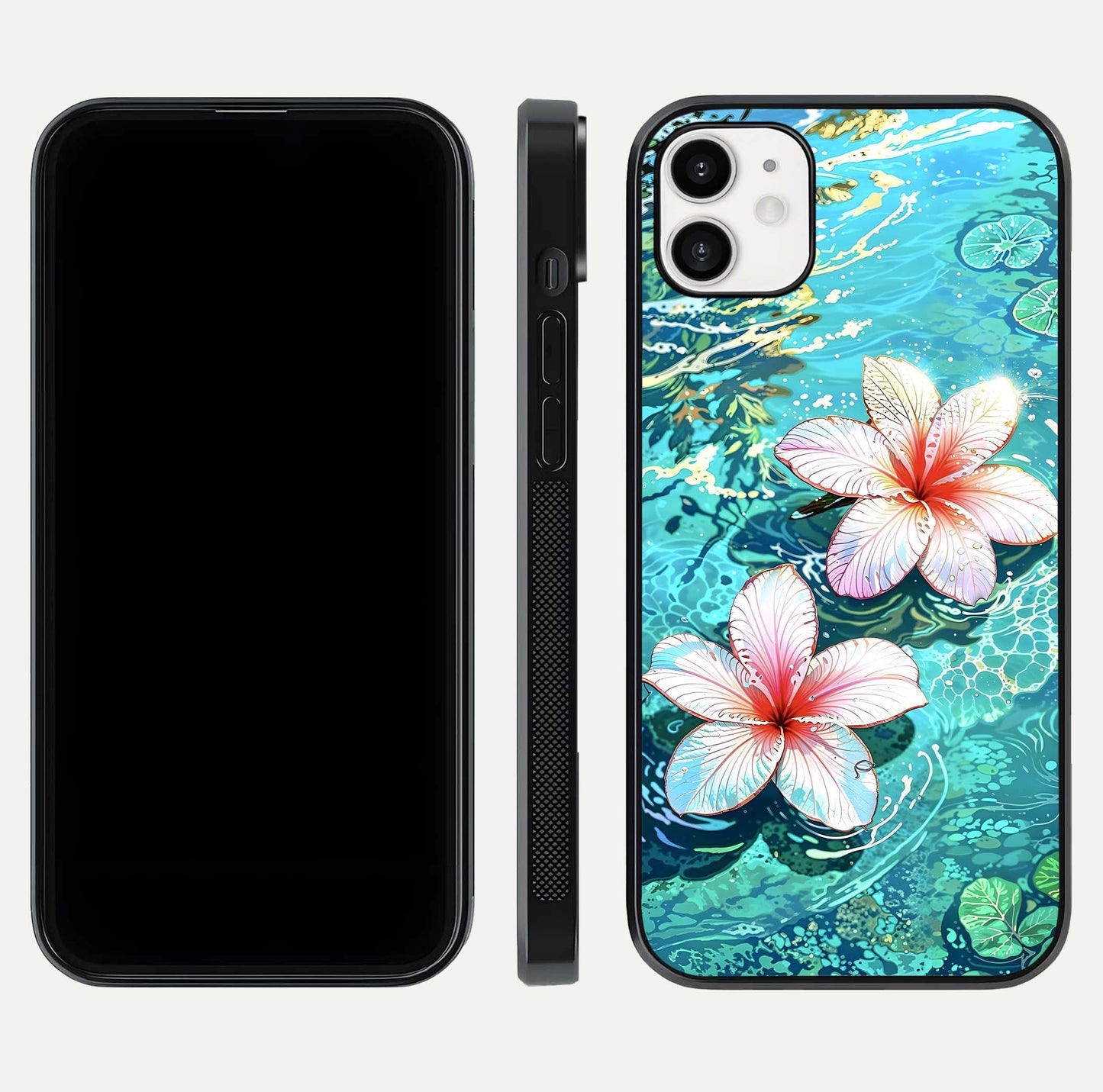 Pink Flowers in Water Glass Case for iphone-12 front & back layout showing elegant pastel floral tones