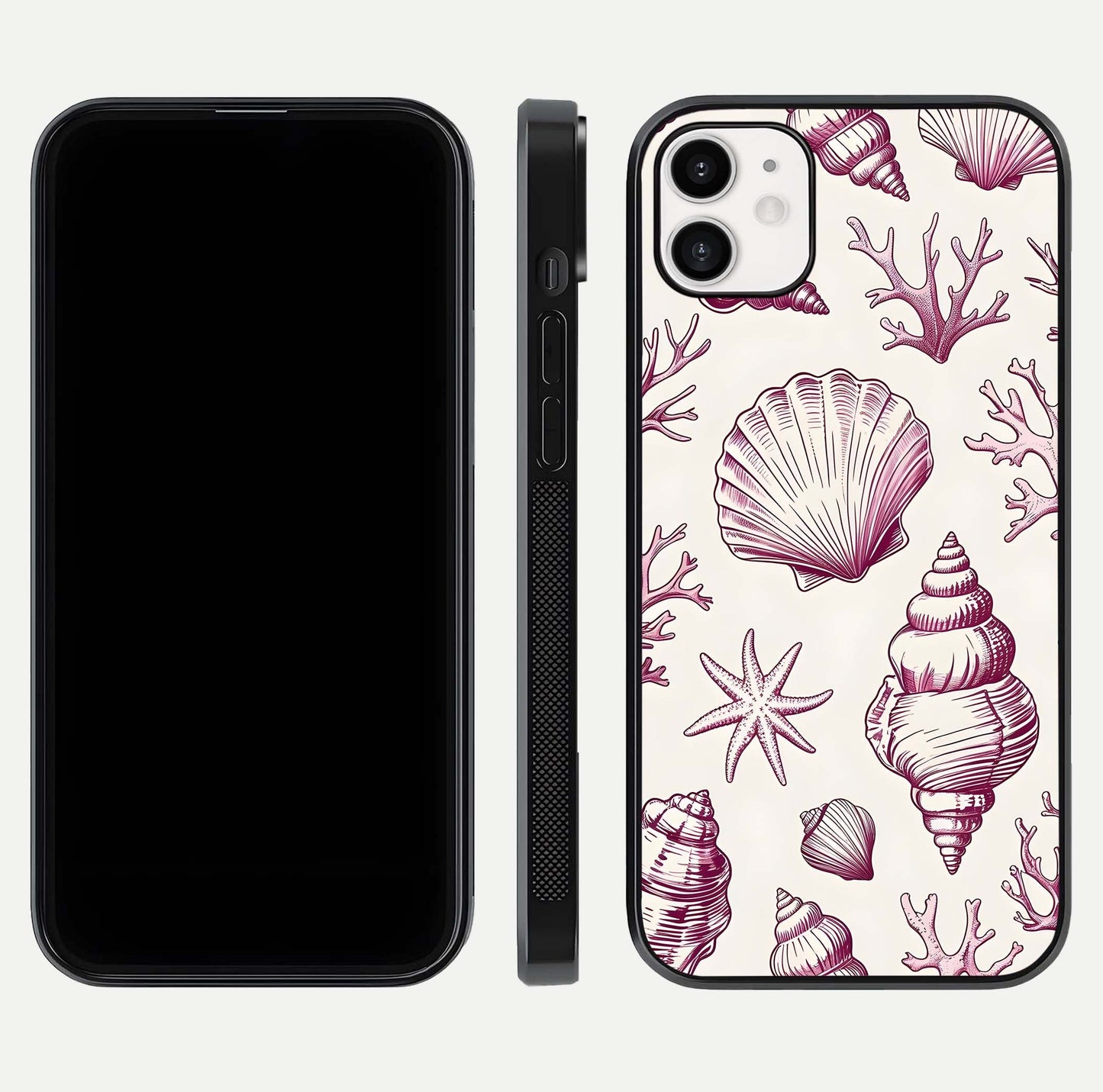 Pink Shells Outline Glass Case for iphone-12 front & back layout showing soft pastel tones and edge design
