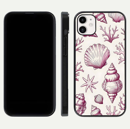 Pink Shells Outline Glass Case for iphone-12 front & back layout showing soft pastel tones and edge design