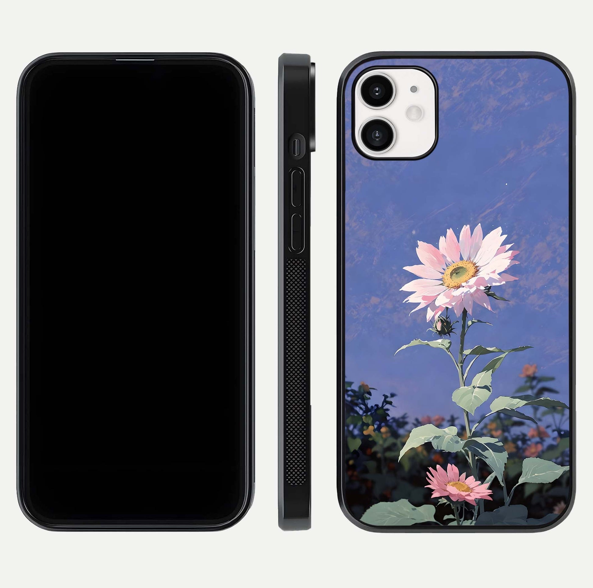 Pink Sunflower Glow Glass Case for iphone-12 front & back layout showing HD tones and bright finish