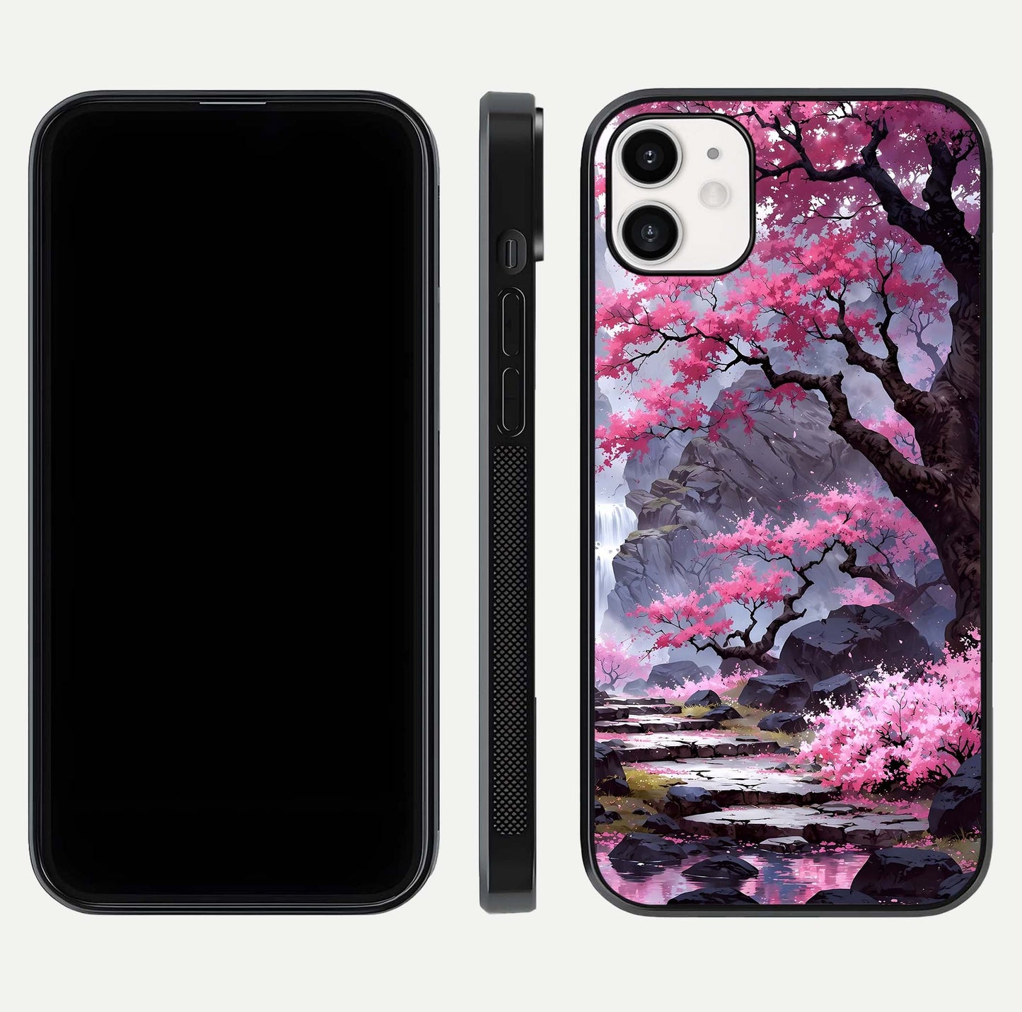 Pinkish Scenery Glass Case for iphone-12 front & back layout showing landscape art and curved edge finish
