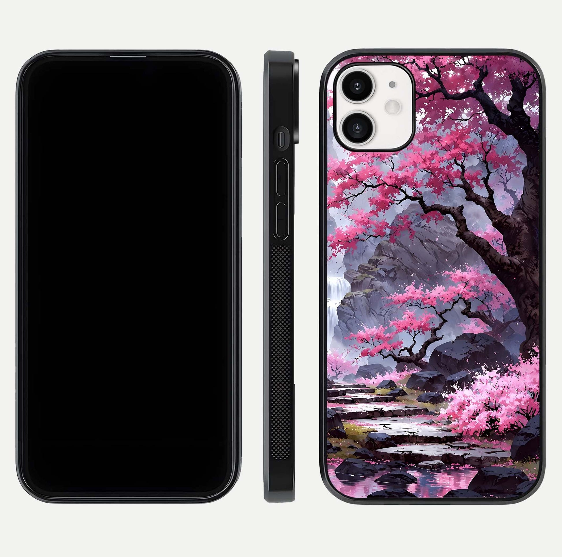 Pinkish Scenery Glass Case for iphone-12 front & back layout showing landscape art and curved edge finish