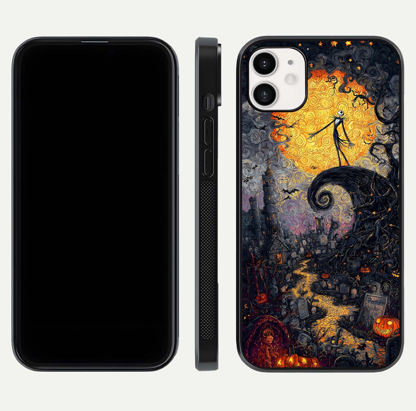 Pumpkin Moon Night Glass Case for iphone-12 front & back layout highlighting festive tones and smooth edges
