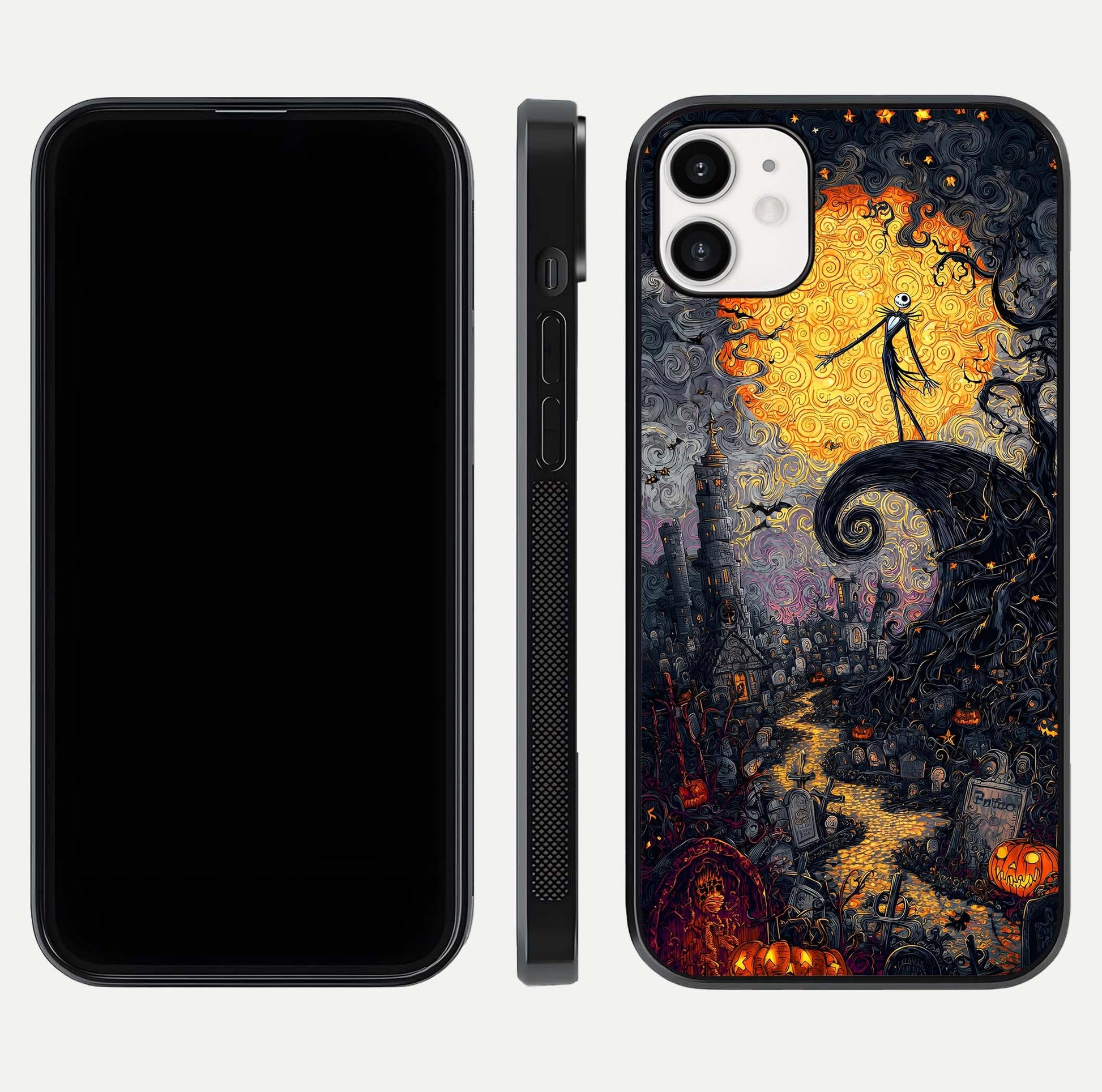 Pumpkin Moon Night Glass Case for iphone-12 front & back layout highlighting festive tones and smooth edges